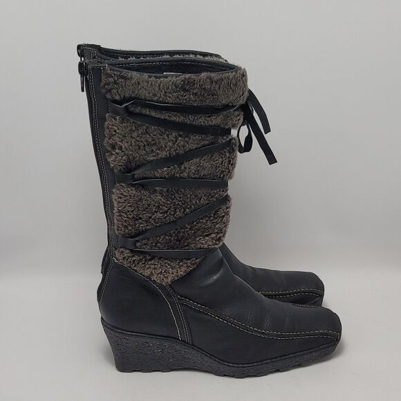Jack + Lucy Shoes - Jack & Lucky Womens Leather Fur Lace Up Back Zipper Low Wedge Tall Boots Size 39